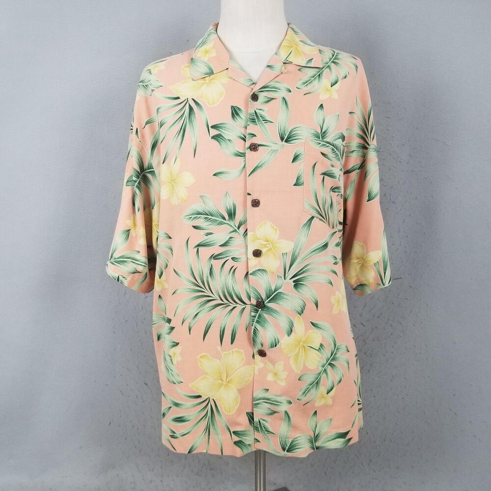 Bermuda Bay Hawaiian Shirt Mens XL Pink Silk Floral Tropical Button Front Camp